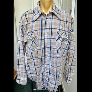 RARE VINTAGE 1970s LEVI'S MENS SHIRT BUTTON FRONT WHITE TAG TAN BLUE PLAID XL